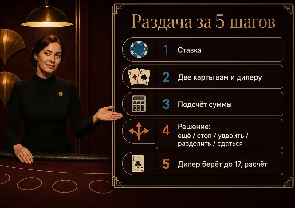 Инфографика: 5 шагов, из которых складывается раздача в блэкджеке