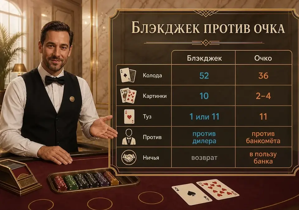 Инфографика: блэкджек и очко бок о бок — колода, очки карт и роль банка