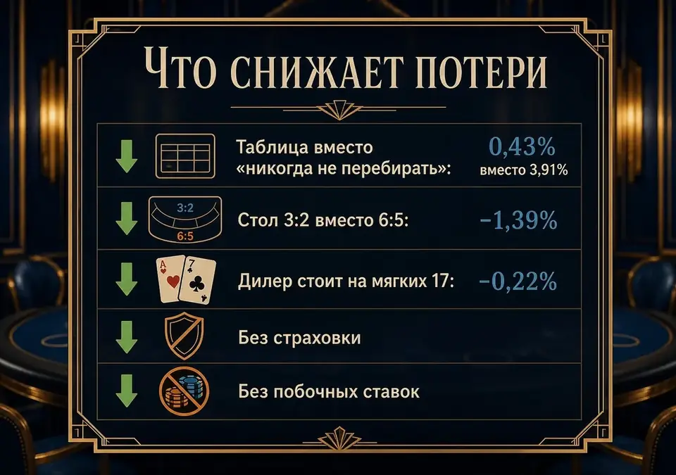 Инфографика: действия, которые уменьшают средние потери игрока в блэкджеке