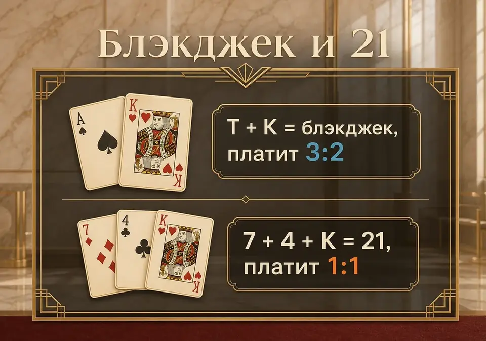Инфографика: где 21 — название игры, а где — сумма руки в блэкджеке