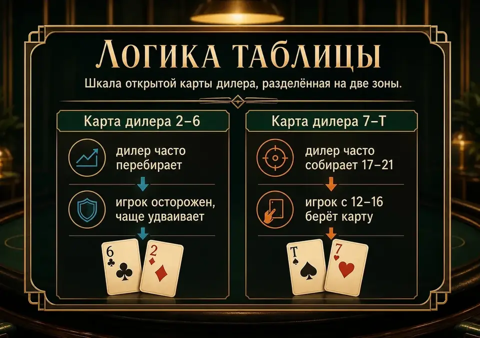 Инфографика: как открытая карта дилера задаёт логику таблицы базовой стратегии
