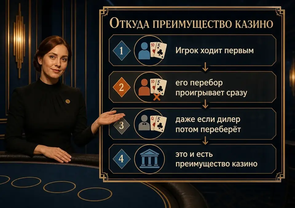Инфографика о происхождении преимущества казино в блэкджеке