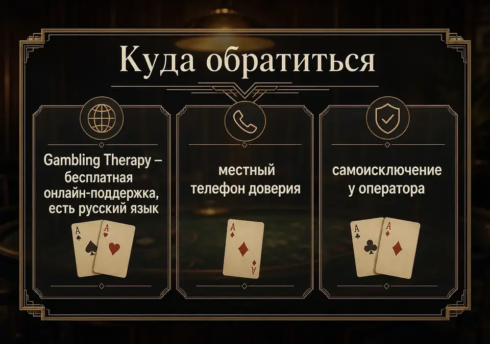 Инфографика о том, где получить поддержку при проблемах с азартной игрой