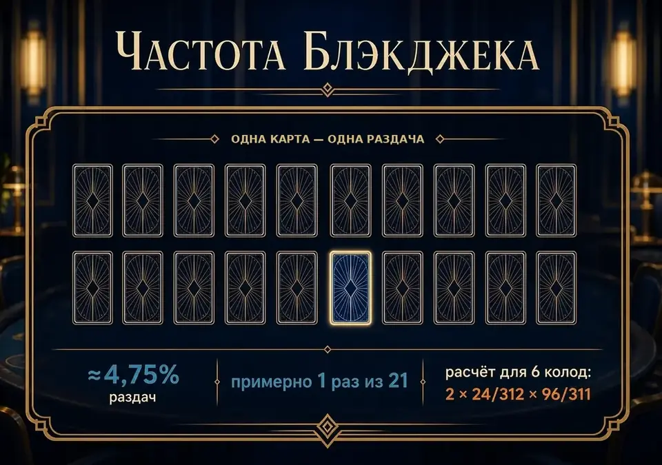 Инфографика о том, в какой доле раздач у игрока случается блэкджек
