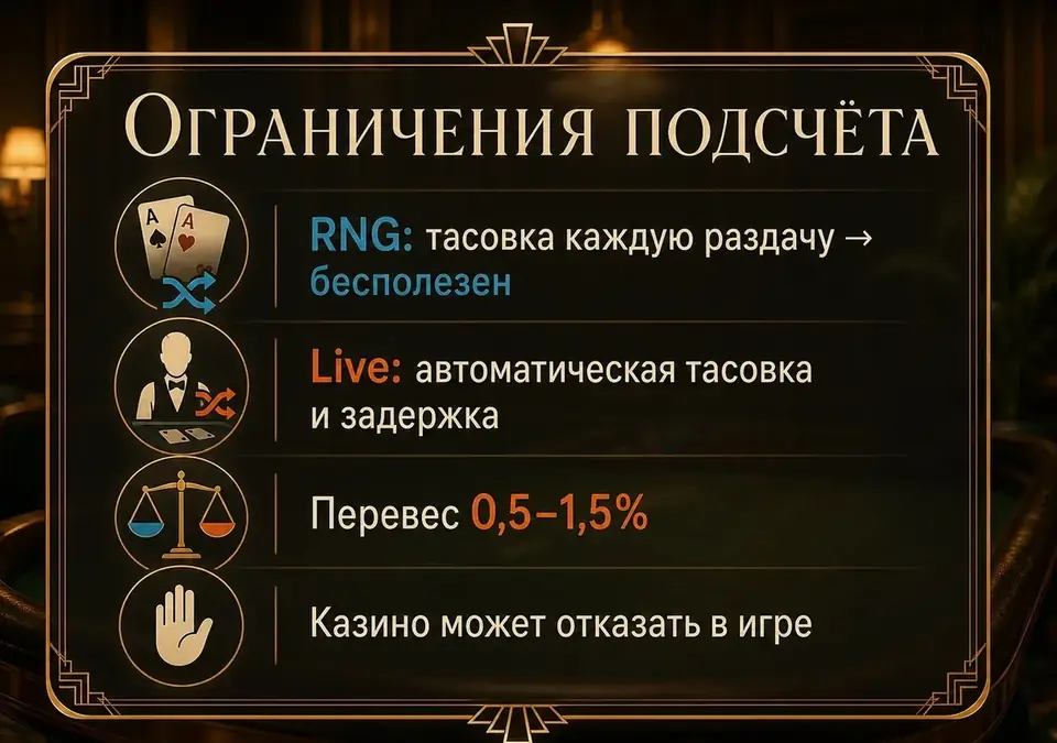 Инфографика об ограничениях, с которыми сталкивается подсчёт карт в блэкджеке