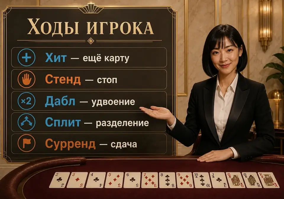 Инфографика: перечень ходов, которые доступны игроку в блэкджеке