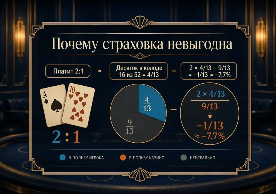 Инфографика: почему страховая ставка в блэкджеке не выгодна игроку