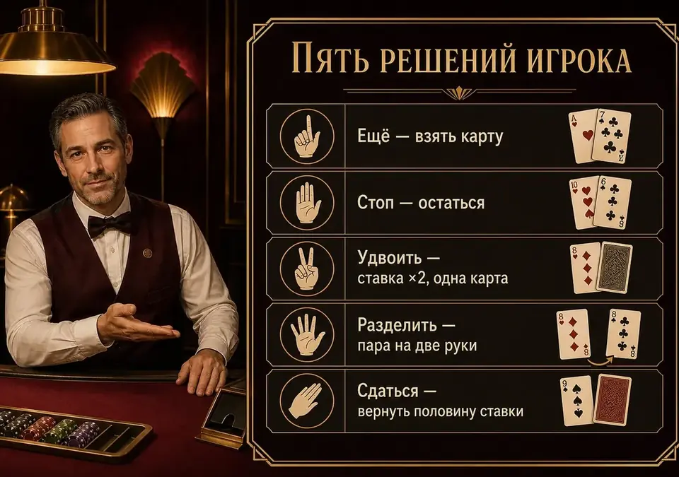 Инфографика: пять решений, из которых выбирает игрок в блэкджеке
