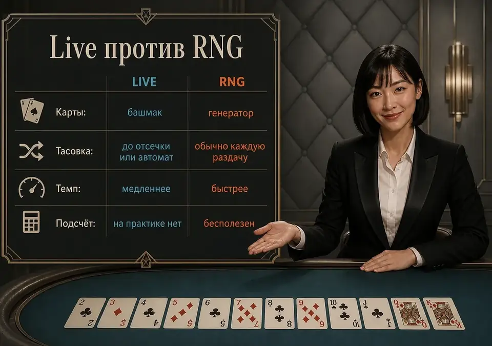 Инфографика с параллельным сравнением live-блэкджека и RNG-версии игры