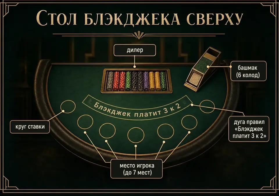 Инфографика: схема игрового стола блэкджека, вид сверху