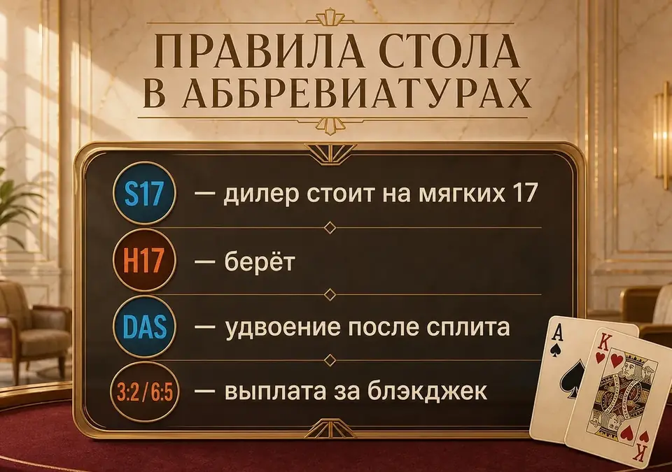 Инфографика: сокращённые обозначения правил стола блэкджека и их расшифровка