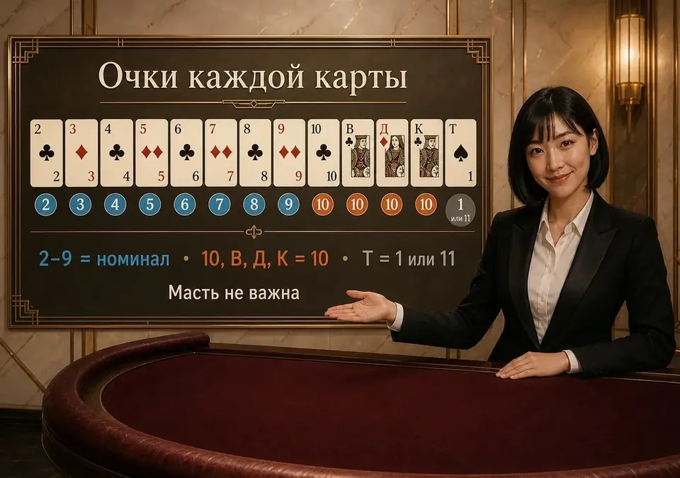 Инфографика: цена в очках для каждой карты колоды в блэкджеке