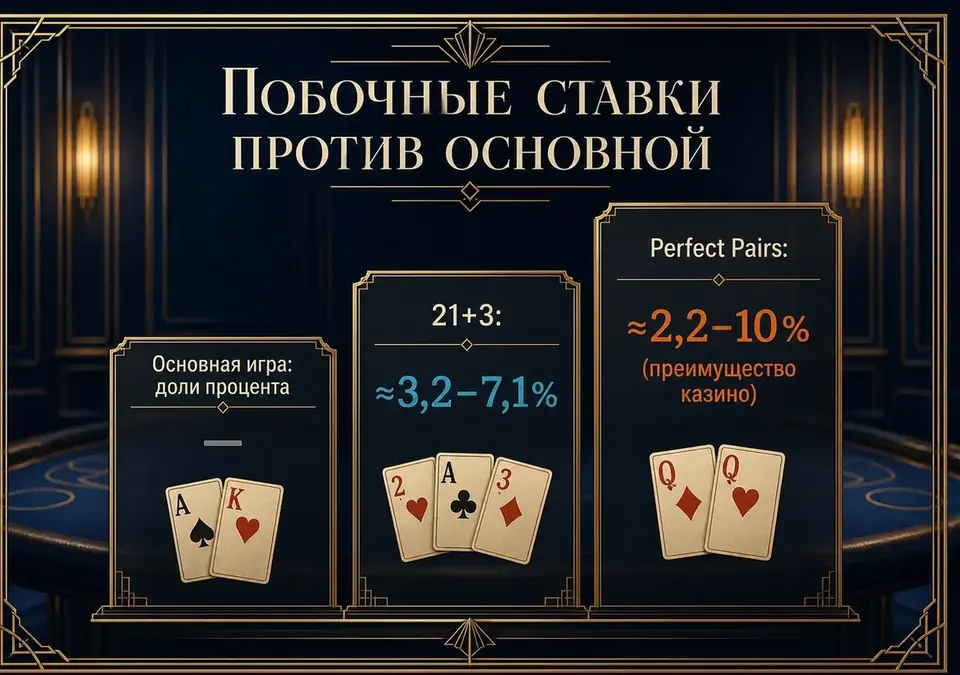 Инфографика, в которой побочные ставки сравниваются с основной ставкой блэкджека