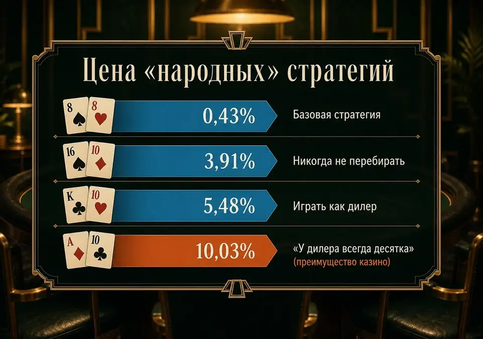 Инфографика: во что обходятся игроку «народные» стратегии блэкджека